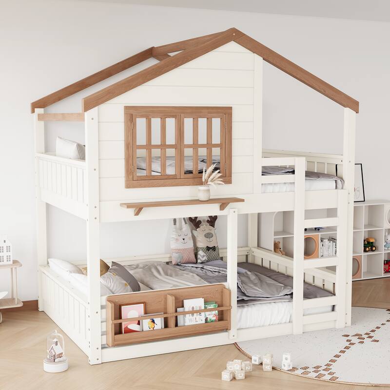 Full Size Bunk Bed/Loft Bed with Bookshelf, House Design, High-Quality Safety Fencing