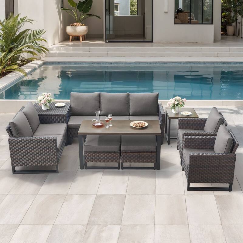 Gymojoy 7-9 Person Outdoor Patio Wicker Conversation Set Group With Armchairs And Ottomans - Brown Wicker / Gray Cusion - 9-Piece