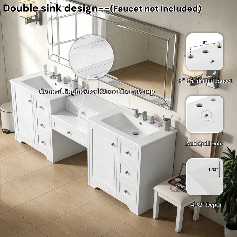 Christopher Knight Home - Wooden 84 Inches Double Sink Bathroom Vanity (Separate Sink) with Engineered Stone Countertop