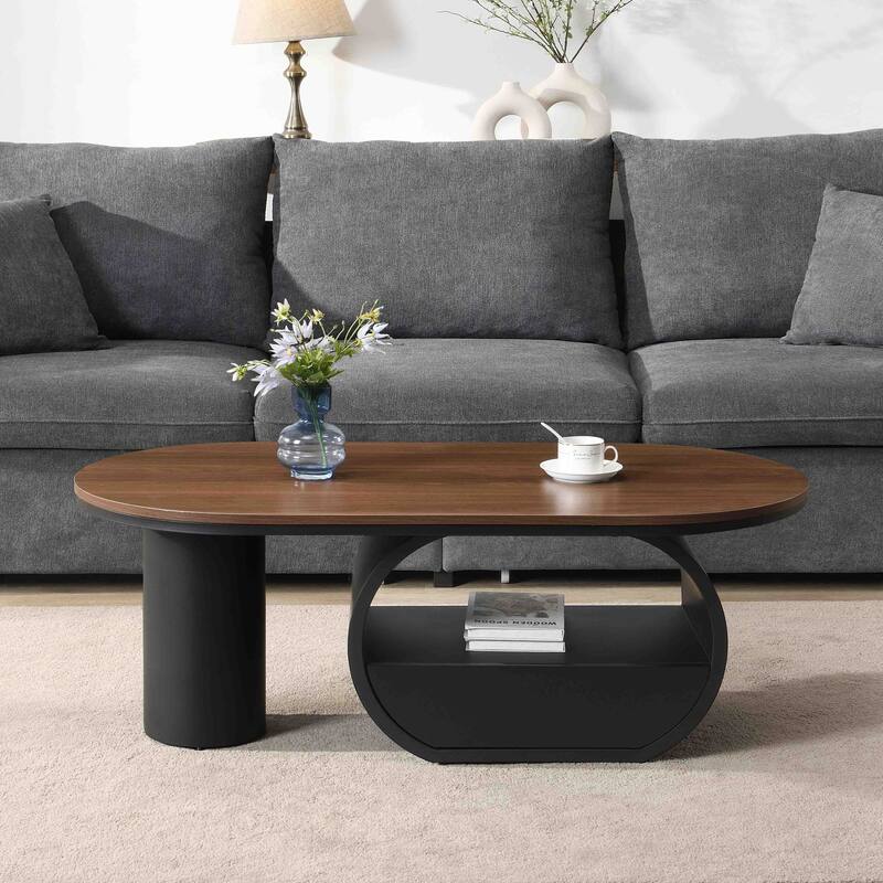 Luxury Industrial Oval Coffee Table, 47.24'' Coffee Table with Storage Drawer, Metal Center Table for Living Room
