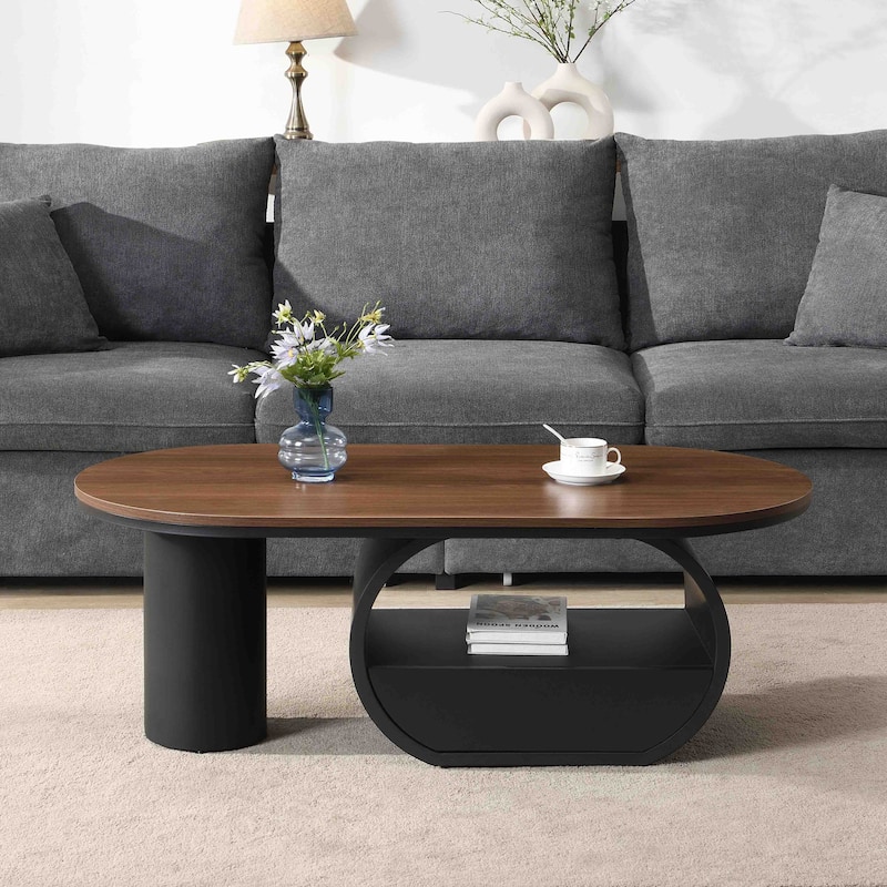 Modern Coffee Table with Storage Drawer & Shelf, Oval Accent Table with Adjustable Feet & Marble Top - Black Brown