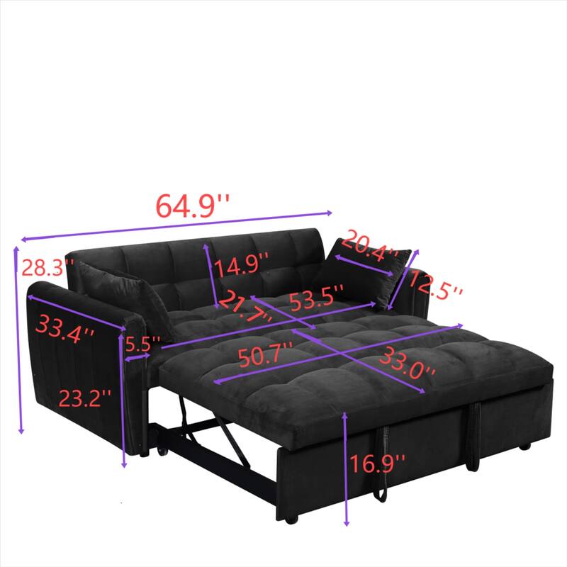 64.9" 3-in-1 Convertible Velvet Double Futon Sofa Bed with 2 Pillows