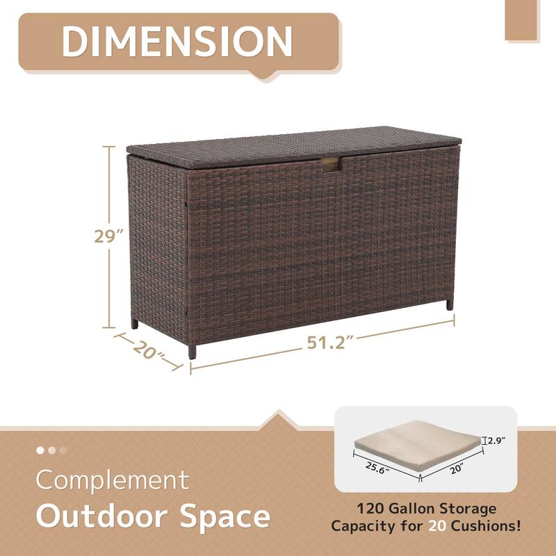 120 Gallon Outdoor Wicker Cushion Storage Storage Box, Garden Deck Bin with Aluminum Frame - 51.2” (L) x 20.5” (W) x 29” (H)