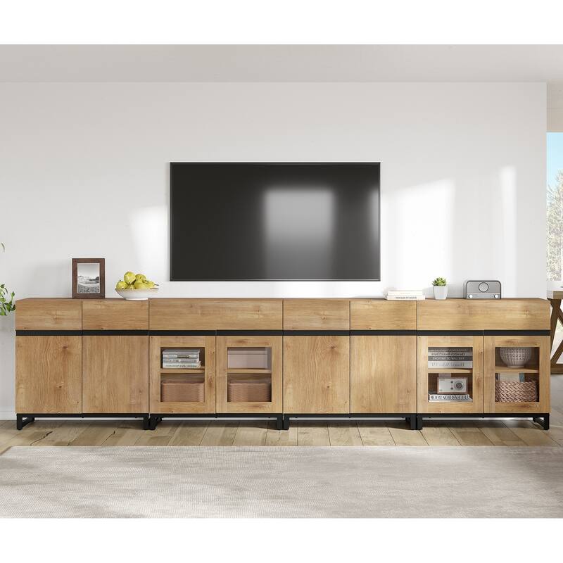 Modern 4-in-1 TV Stand for 120" TVs, Console with Glass Doors & 2 Drawers, Adjustable Shelf