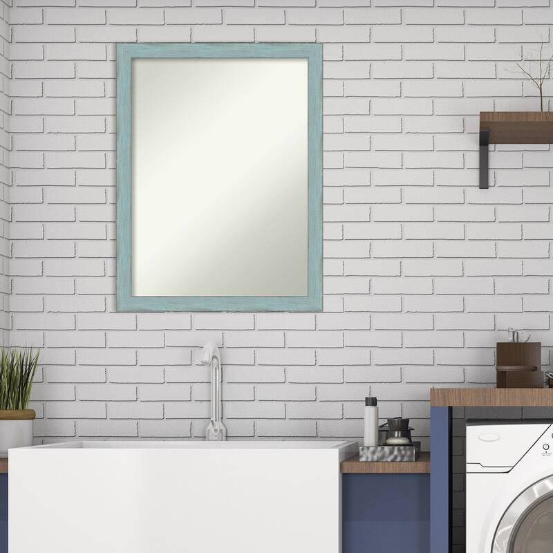 Non-Beveled Wood Bathroom Wall Mirror - Sky Blue Rustic Frame