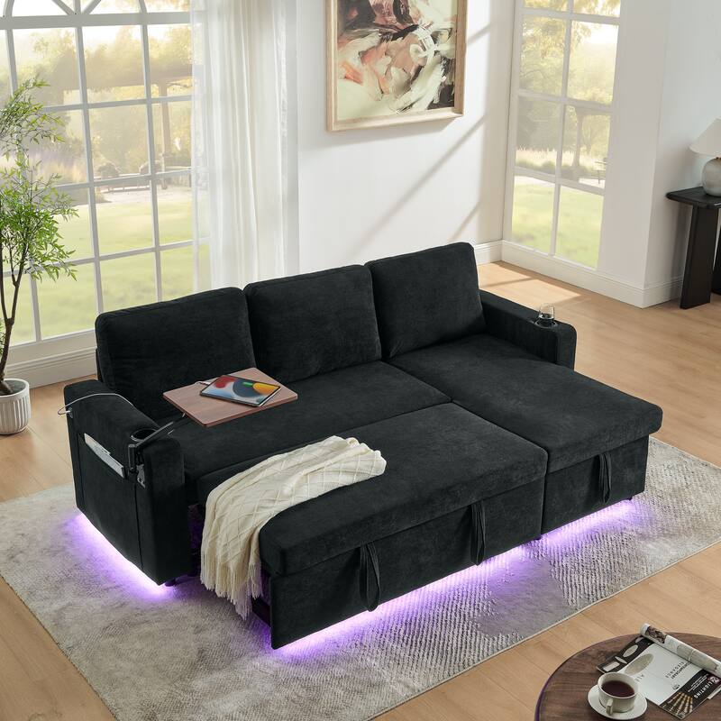 Pull Out Sleeper Sofa Bed Chenille L-shaped Sectional Couch with Storage Chaise, Retractable Table, LED, USB and Cup Holders - Black