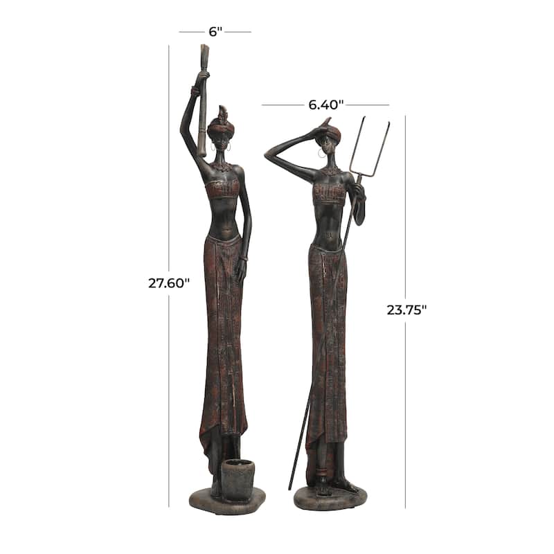 Polystone People Handmade Tall African Women Decorative Sculpture with Carved Dresswear - Set of 2 Red - Roche River Decor