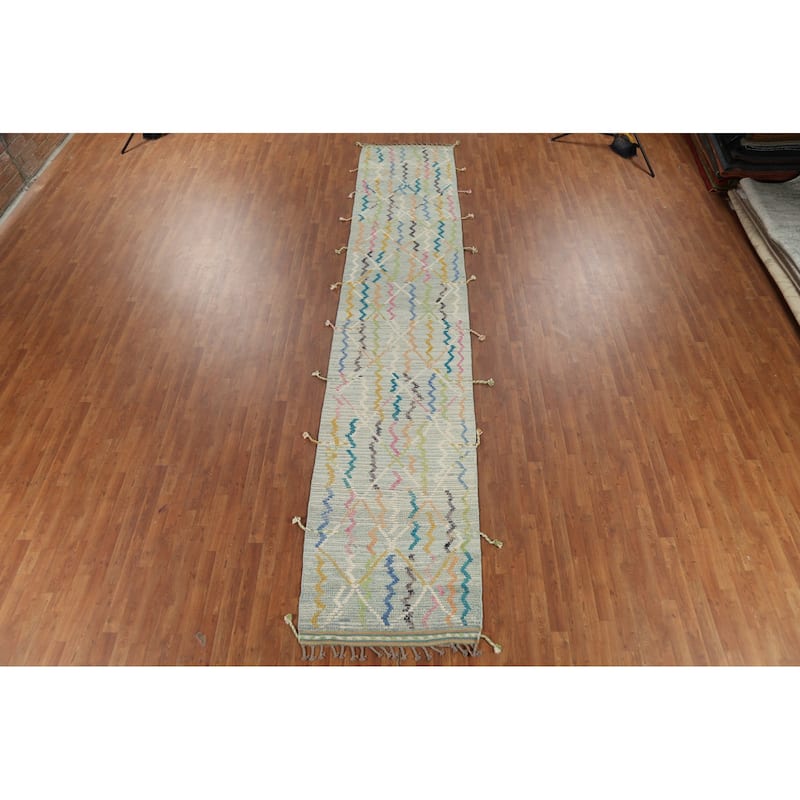Moroccan Modern Runner Rug Handmade Wool Carpet - 3'2"x 16'1"