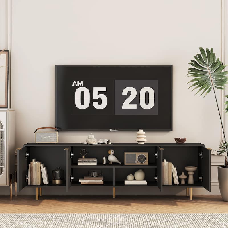 68" Modern Black TV Stand with Fluted Doors, Media Entertainment Center with Storage Cabinets, Wood TV Console Table with 4 Door
