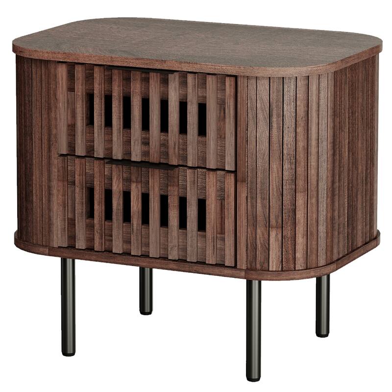 WAMPAT Fluted Nightstand with 2 Drawers,Wood End Table for Bedroom, Living Room