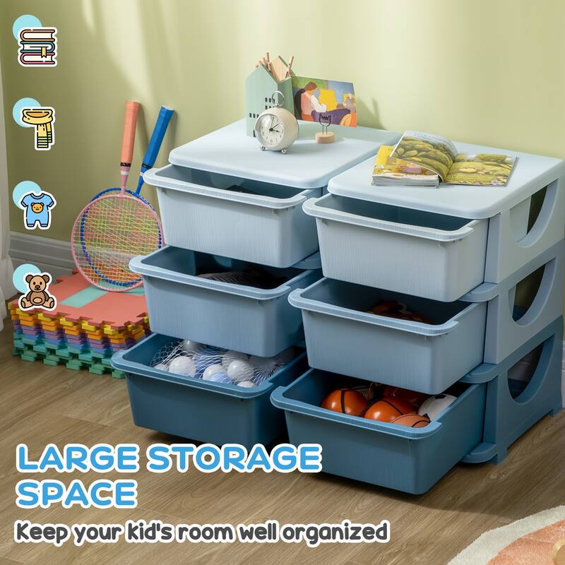 Qaba 3 Tier Kids Storage Unit, 6 Drawer Chest Toy Organizer Plastic Bins for Kids Bedroom Nursery Kindergarten Living Room