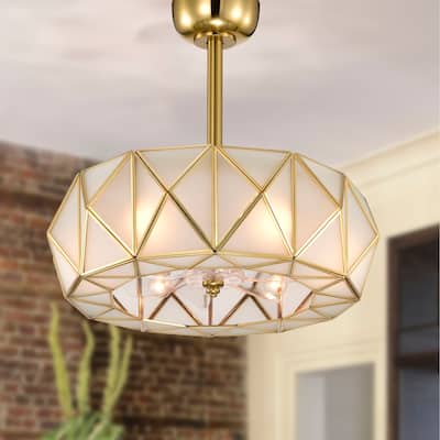 Brunel 6-light Brass and Frosted Glass Pyramid Design Fandelier Lighted Ceiling Fan Remote Control - Brass-White