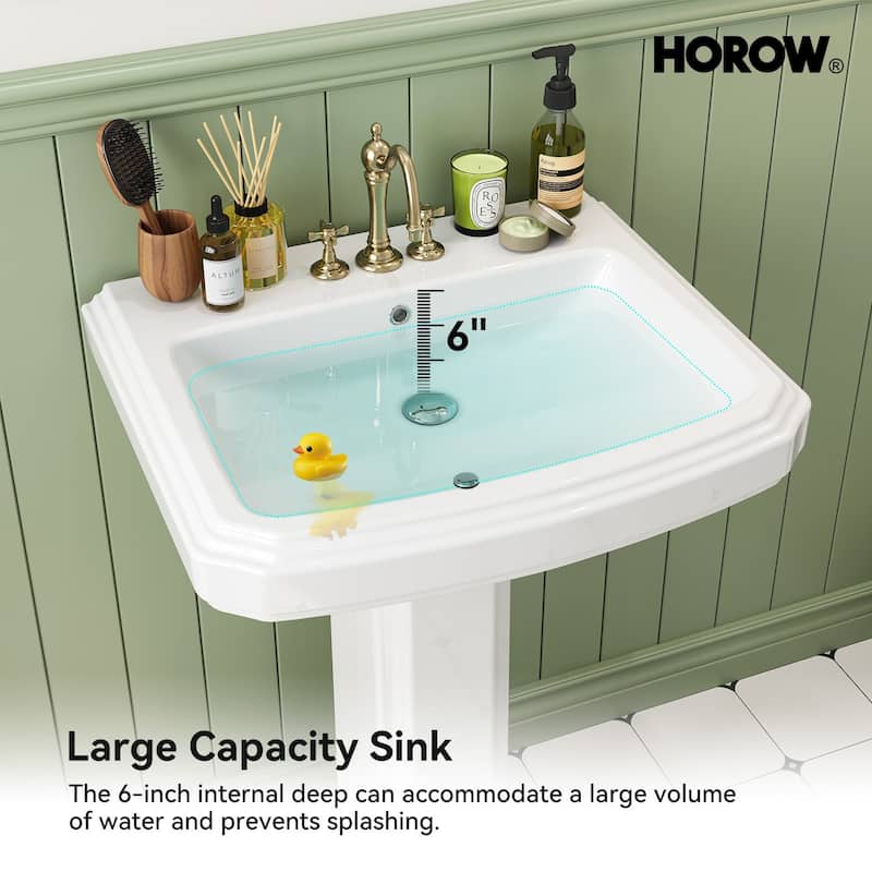 HOROW 23 in. W x18.5 in. D Rectangular Ceramic Pedestal Combo Bathroom Sink in White with Overflow Drain and 3-Faucet Holes