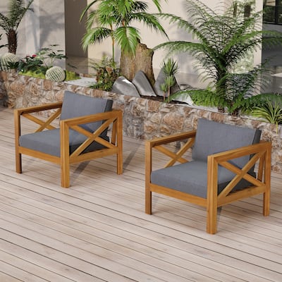 Outdoor Acacia Wood Club Wooden Armchair with Cushions (Set of 2),Conversation Set