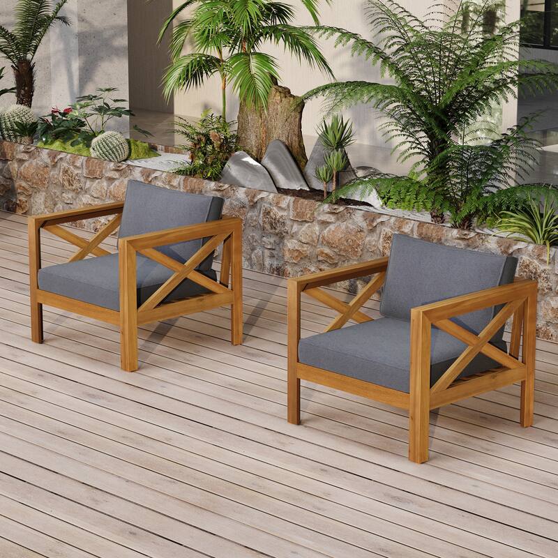 Outdoor Acacia Wood Club Wooden Armchair with Cushions ， Conversation Set,Teak Finish,Beige Cushion set of 2 - Grey