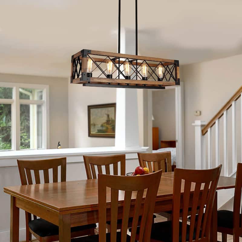Modern Farmhouse 5-Light Wood Rectangle Chandelier Cage Island Lights for Dining Room - 31.6"L x 10" W x 7.8" H