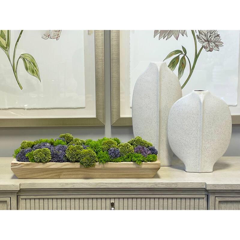 Sedum and Moss Arranged in Wood Planter - Purple, Green