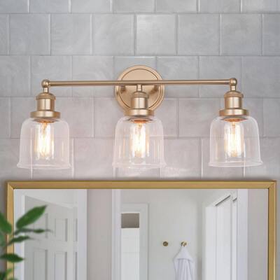 Cionar Modern Gold 3-Light Dimmable Linear Bathroom Vanity Lights with Clear Bell Glass for Powder Room - L21.5"x W7.5"x H 10"