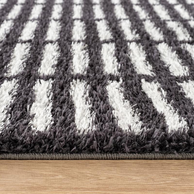 Bohemian Stripe Lines Shag Rug - Textured Surface - Anthracite Dark Gray - Easy to Clean