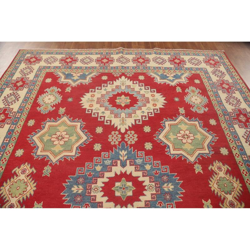 Geometric Kazak Area Rug Hand-Knotted Red Wool Carpet - 8'0" x 11'0"