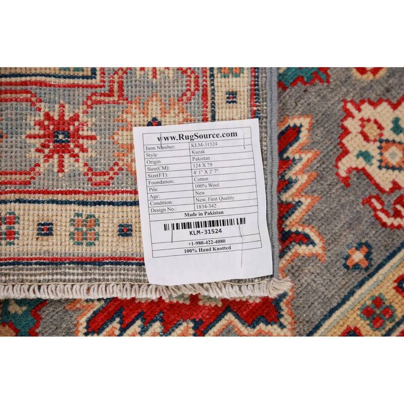 Geometric Gray Kazak Foyer Rug Hand-Knotted Wool Carpet - 2'7"x 4'1"