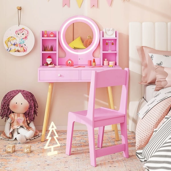 slide 2 of 7, Wooden Kids Makeup Vanity Set Desk Dressing Table w/ Mirror & Stool