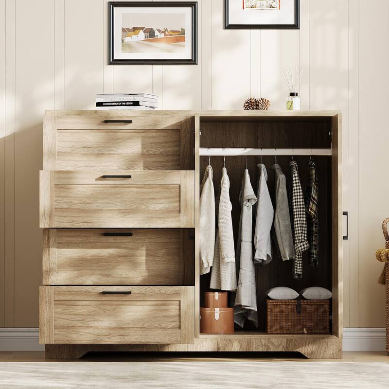 43.3" Armoire Wardrobe Closet with 4 Drawers & 2 Doors, Hanging Rod, Compact Wooden Storage Cabinet for Bedroom
