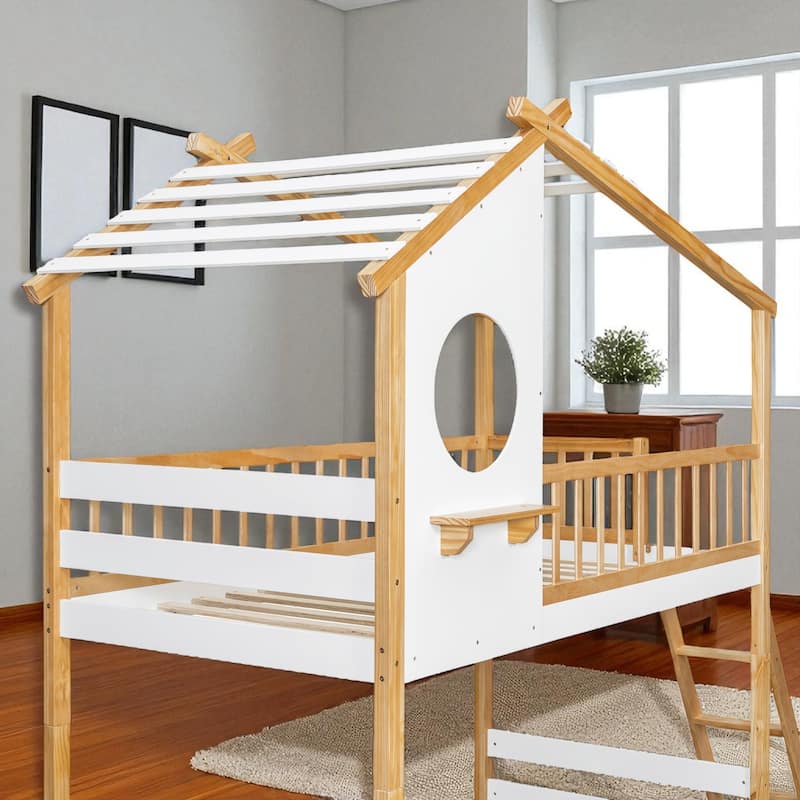 Twin Over Twin Wooden Bunk Bed with Roof and Window, Playhouse Design, Ladder and Guardrails, Natural Finish