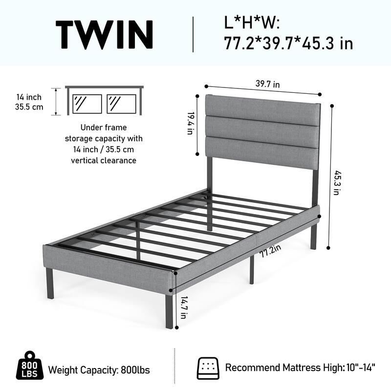 Modern Twin Size Upholstered Bed Frame with Headboard & 14'' Underbed Storage, No Box Spring Needed