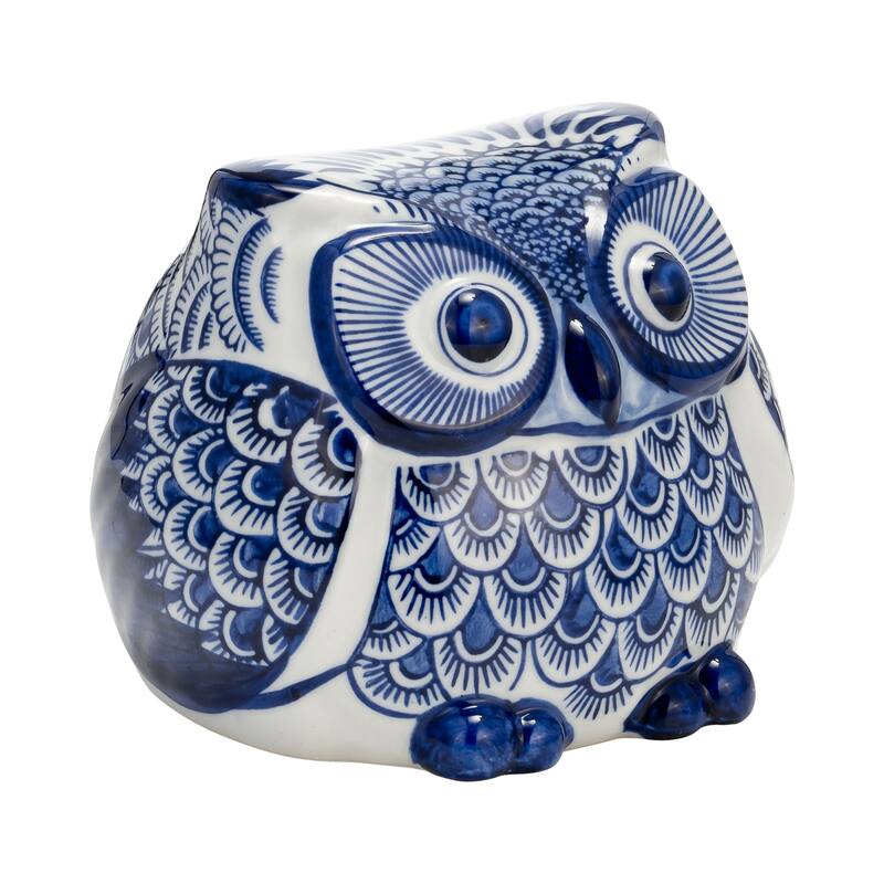 Ceramic Chinoiserie Handpainted Owl Figurine - Blue