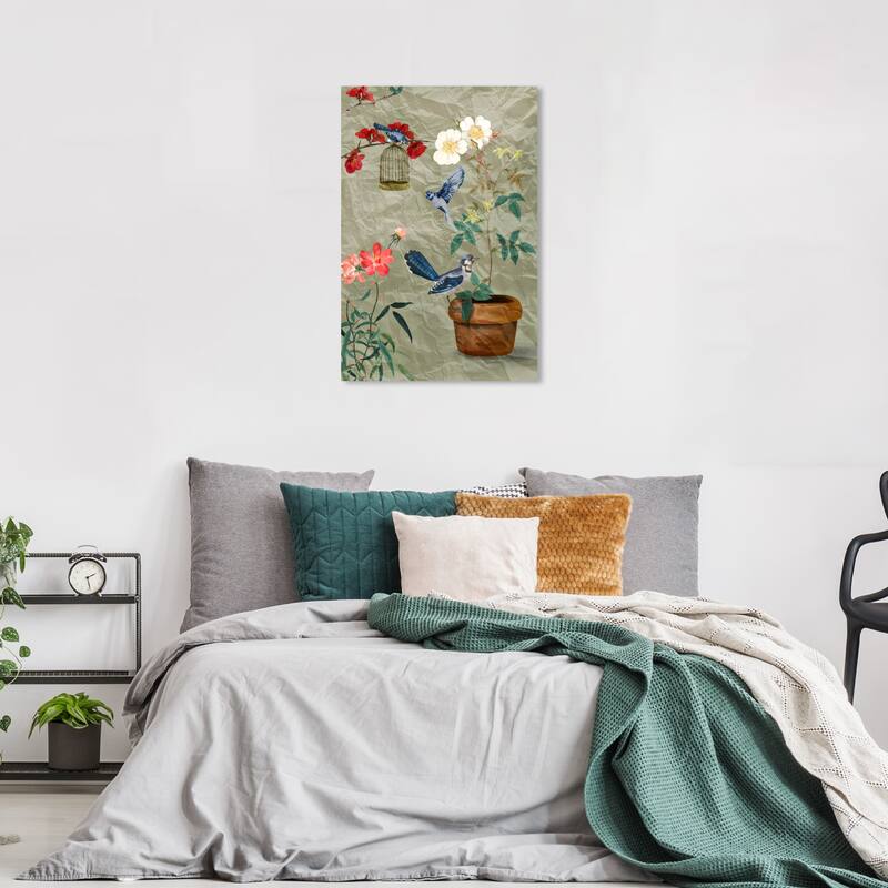 Wynwood Studio Canvas Floral and Botanical Blue Birds Trio Gray and Traditional Wall Art Canvas Print - 24 x 36