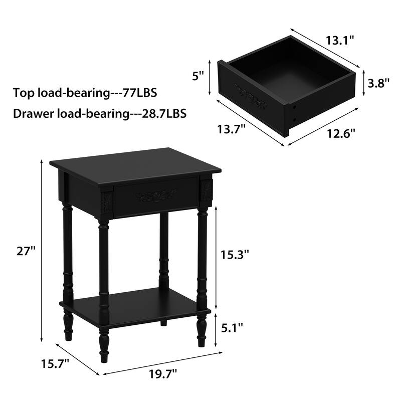 Vintage End Table with Drawer and Shelf, French Style Nightstand with Solid Wood Legs, White Accent Table