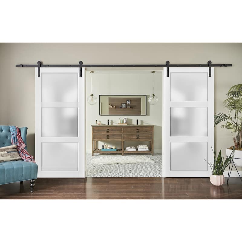 Sturdy Double Barn Door Frosted Glass 3 Lites / Lucia 2552 White