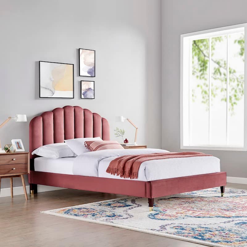 Daisy Performance Velvet Platform Bed Wood and Gold Legs - Dusty Rose