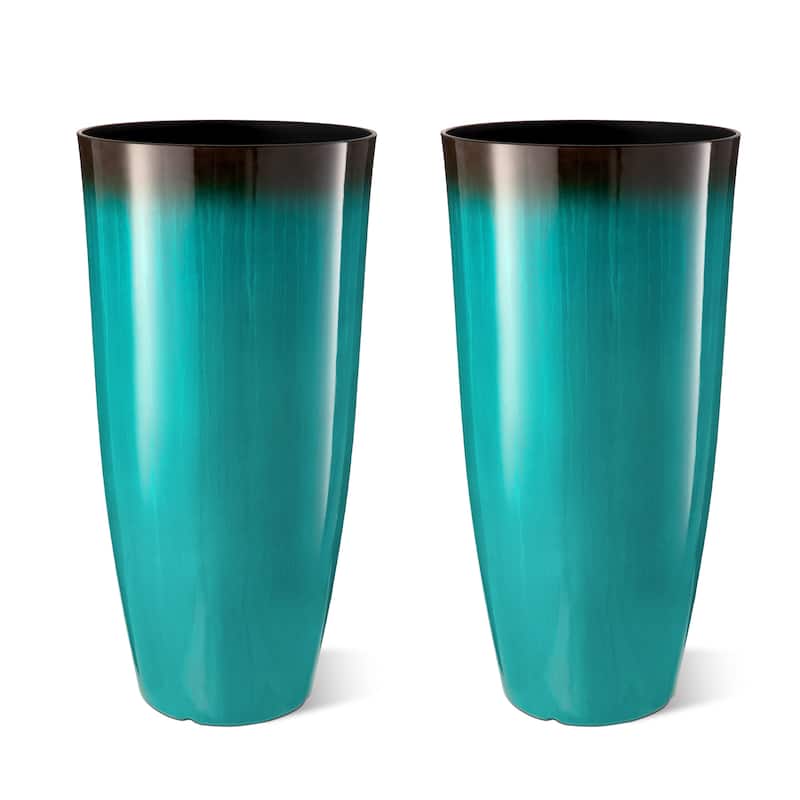 Glitzhome 30"H Set of 2 Tall Plastic Planter Large Flower Pots with Gradient Cobalt Blue / Turquoise Faux Ceramic Finish