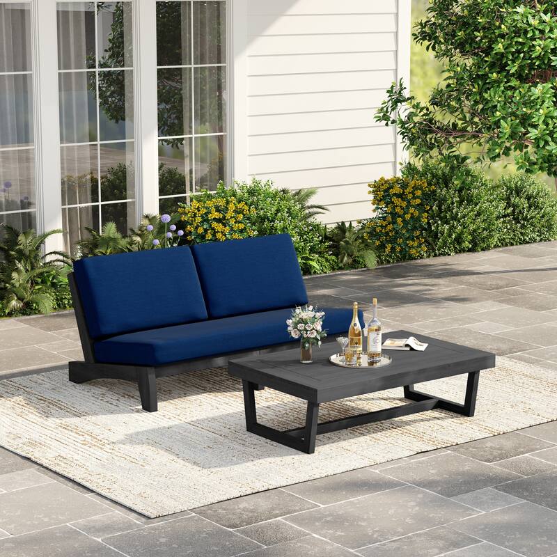3 Seat Wood 64" W Cushioned Outdoor Patio Sofa with Coffee Table