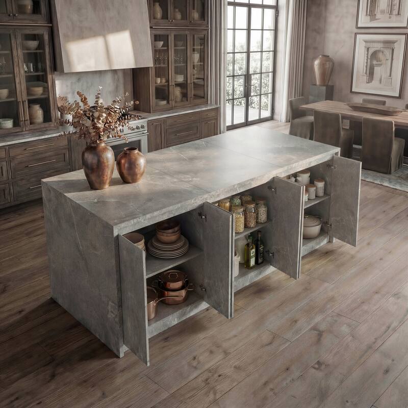94.5” Extra Large Kitchen Island with Storage, Stone-Look Counter Height Island, Fully Assembled Modern Kitchen Furniture