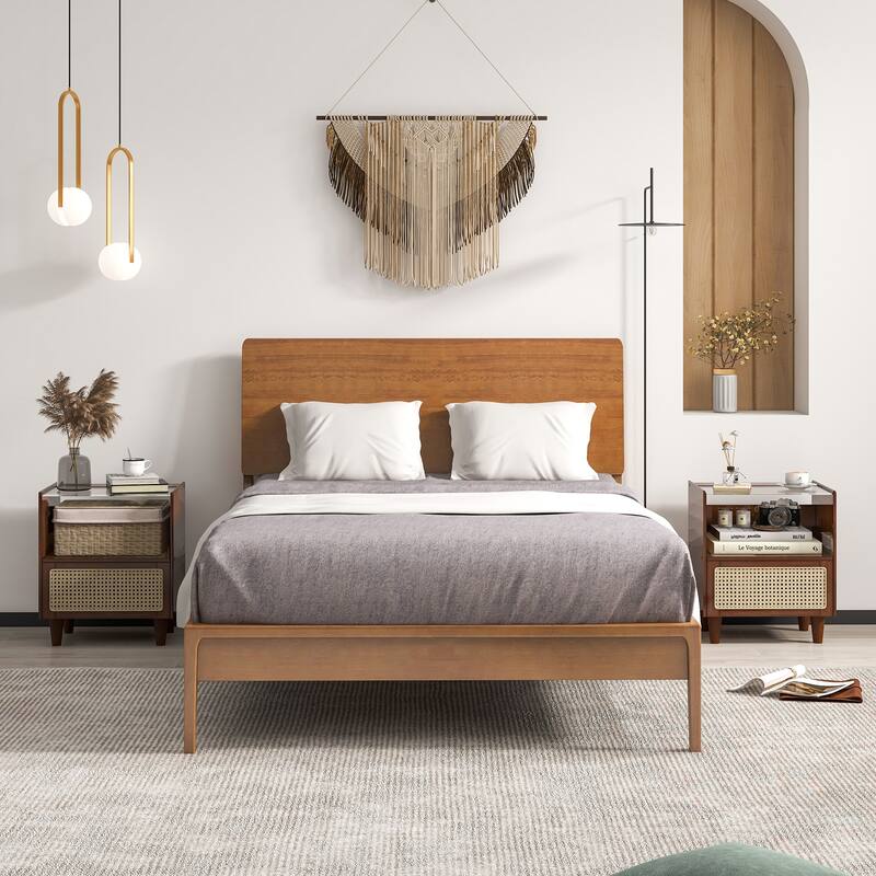 Bamboo Rattan Nightstand with Drawer and Solid Wood Legs