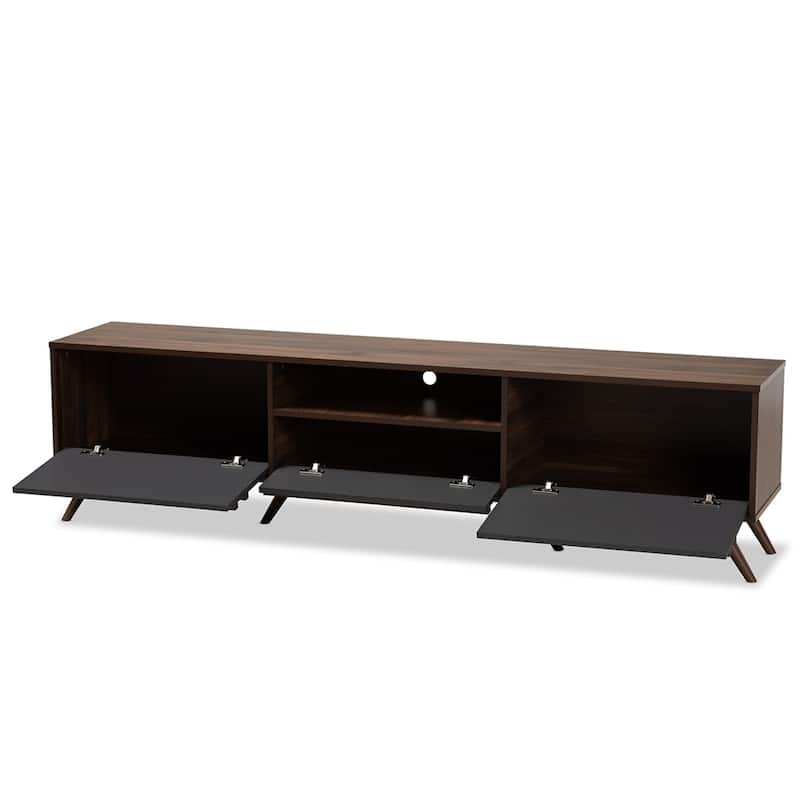 Naoki Modern and Contemporary Two-Tone Grey and Walnut Finished Wood TV Stand with Drop-Down Compartments