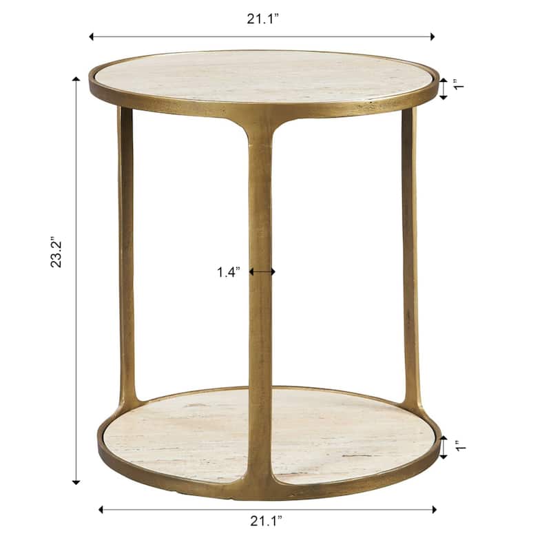 Travertine Side Table - 23.25" - Antique Brass Finish