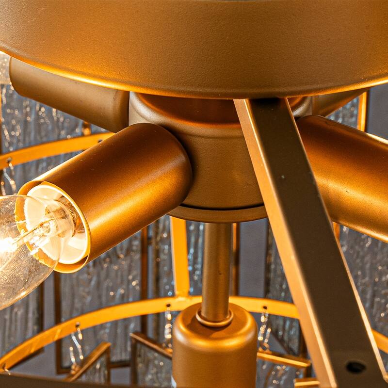 6-Light Luxury Water Ripple Glass Flush Mount Modern Brass Frame Lighting Fixture for Dining Room Living Room and Kitchen Island