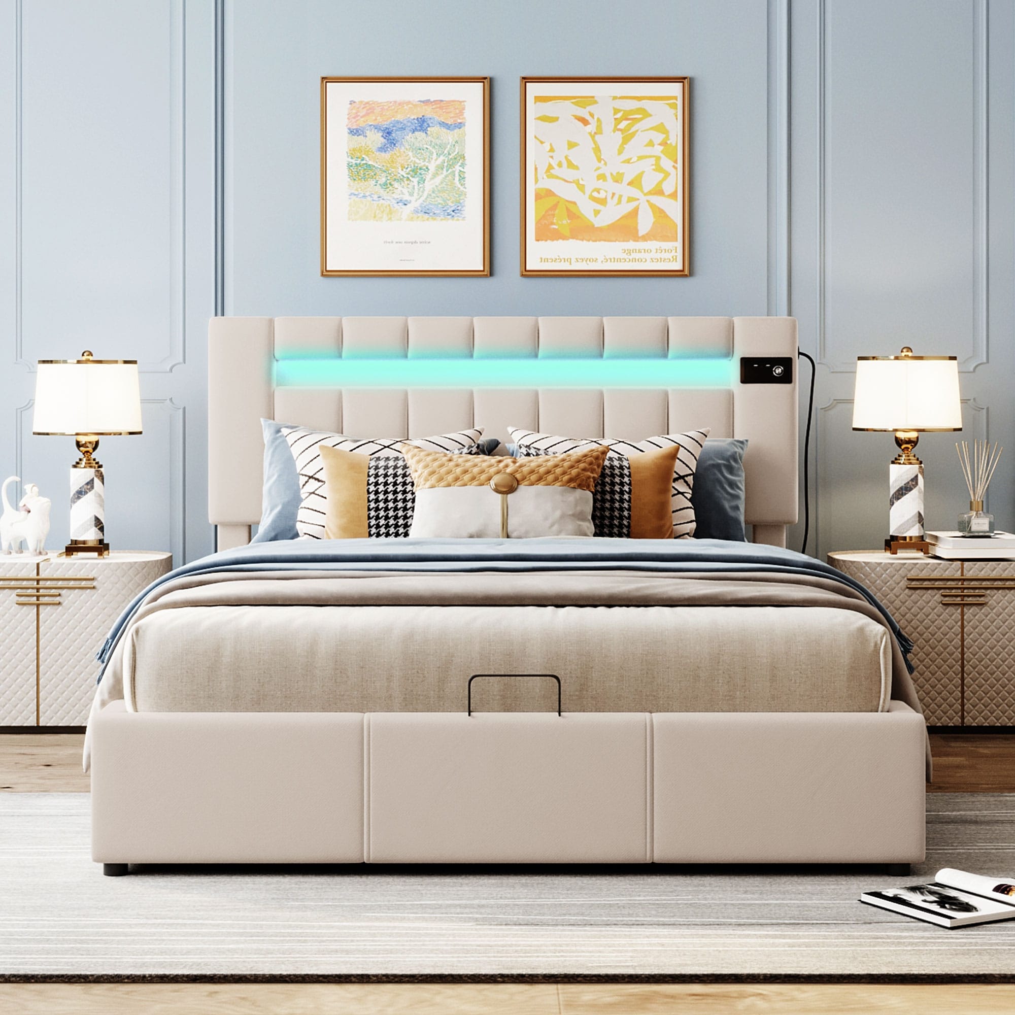 Grey/Beige Velvet Upholstered Queen Size Bed with LED Light, Bluetooth Player, USB Charging, and Hydraulic Storage