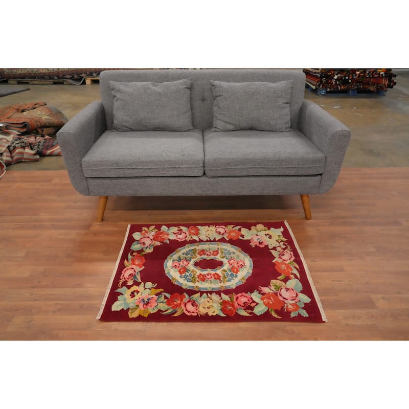 Hand Knotted Oriental 100% Wool Carpet Traditional Floral Red Karabagh Area Rug - 3' 3'' X 2' 6''