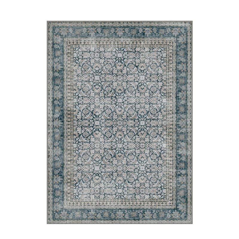 Mcow Grey Faded Floral Low Pile Machine Washable Non-Slip Area Rug