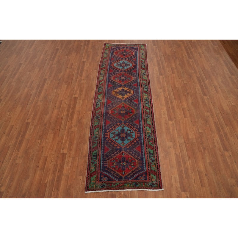 Hand Knotted Oriental 100% Wool Carpet Traditional Tribal Navy Blue & Blues Ardebil Runner Rug - 10' 0'' X 3' 2''