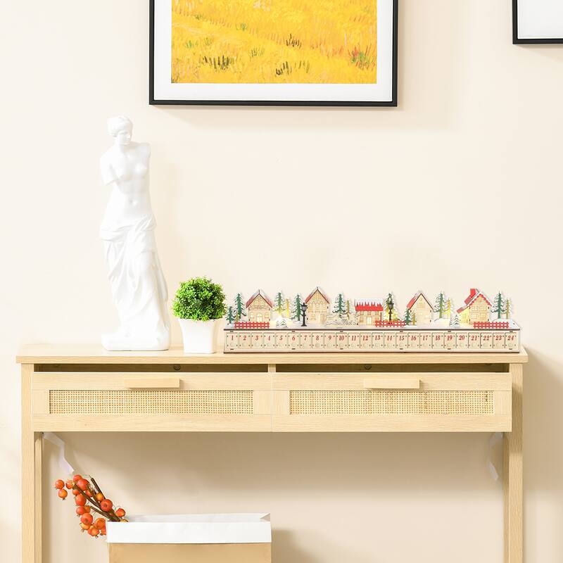 HOMCOM Christmas Calendar with 24 Drawers, Reusable Lighted Wood-Effect Countdown to Christmas Calendar with Village Scene