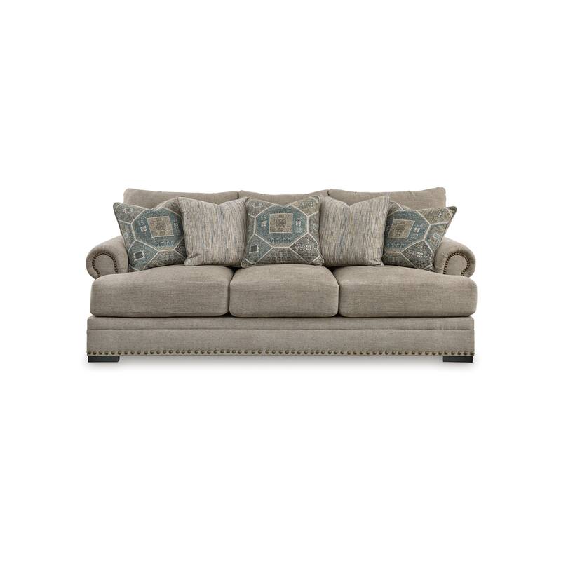 Golo Sofa, 5 Accent Pillows, 97 Inch Taupe Gray Fabric, Nailhead Trim