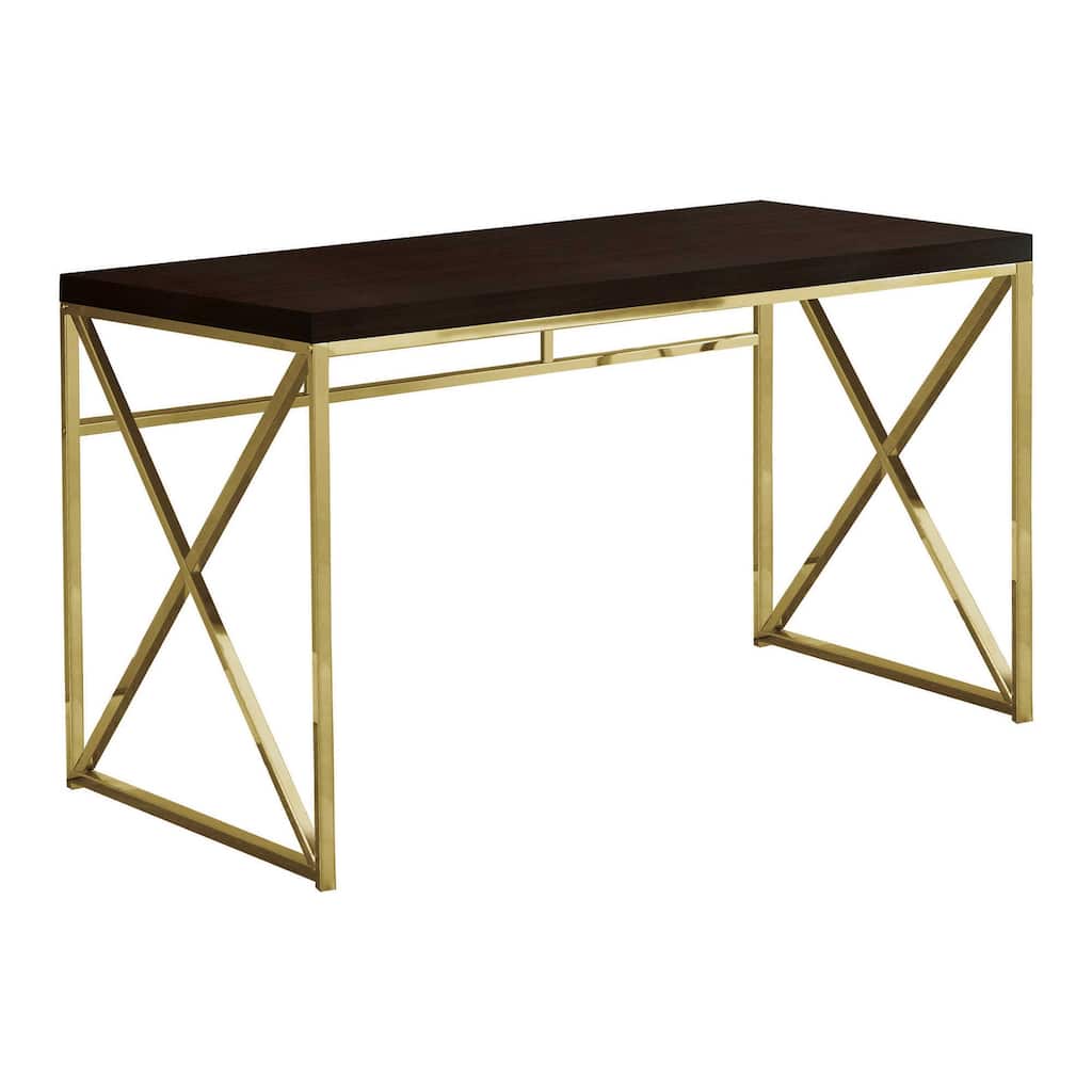 Computer Desk, Home Office, Laptop, Work, Brown Laminate, Gold Metal, Contemporary