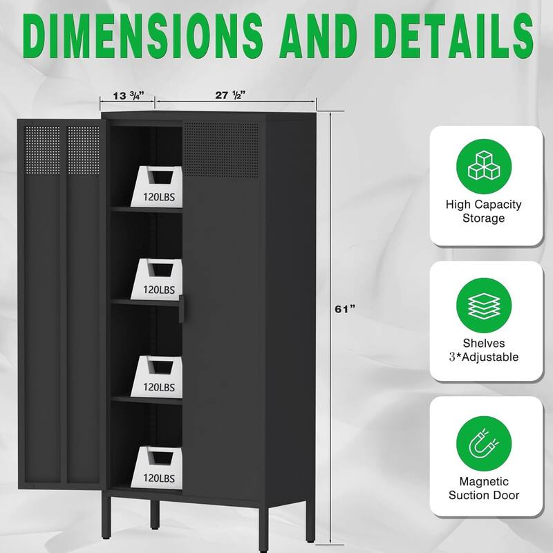 Modern Metal Pantry Cabinet with Magnetic Doors & Adjustable Shelves, Sideboard Cabinet with Non-Slip Adjustable Feet