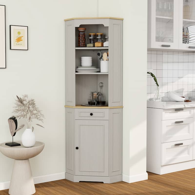 68" Farmhouse Corner Cabinet, Freestanding Storage with Door, Drawer & Adjustable Shelf for Kitchen, Living Room, Bathroom
